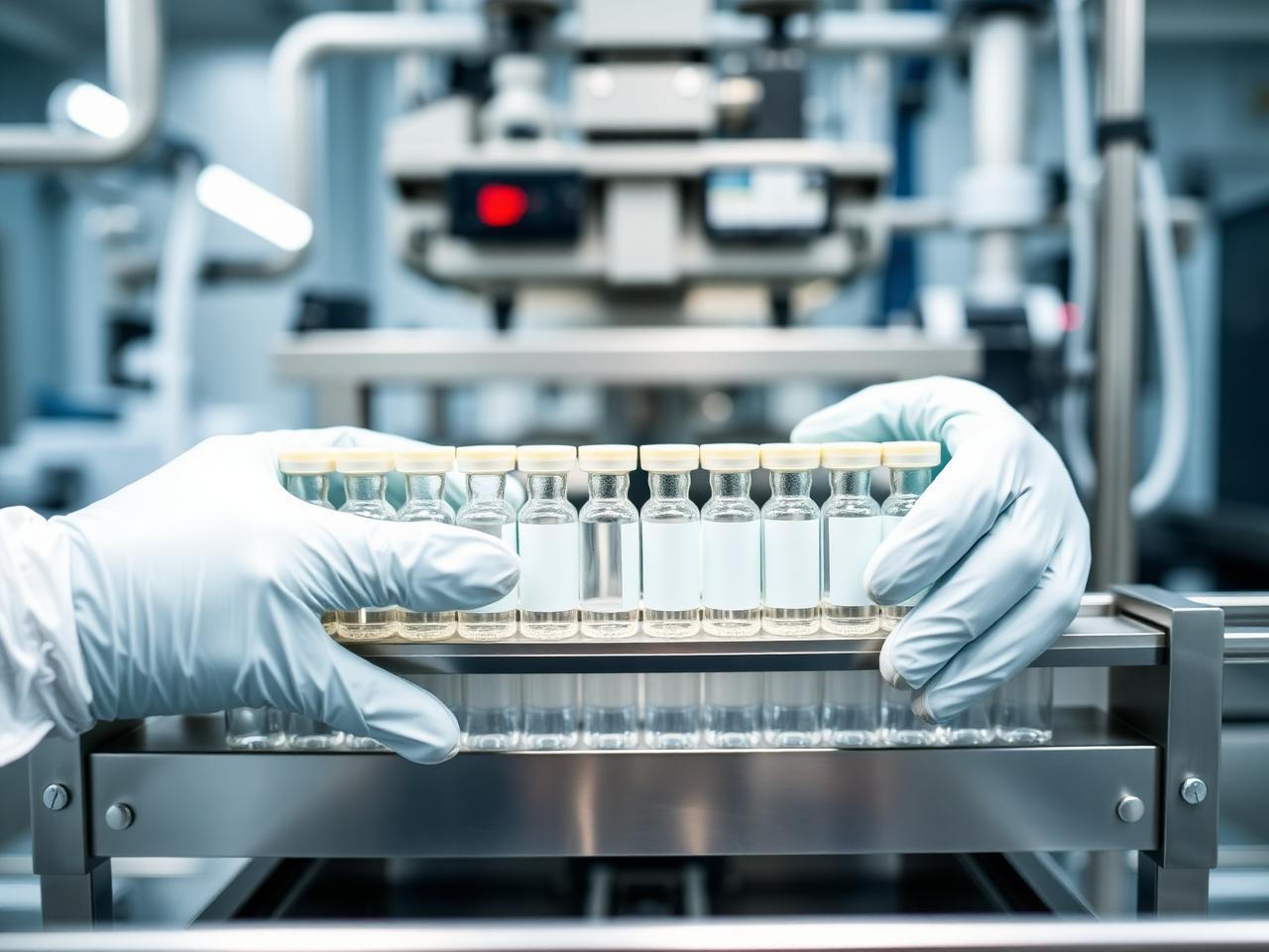 Gloved hands inspecting glass vials on a pharmaceutical production line