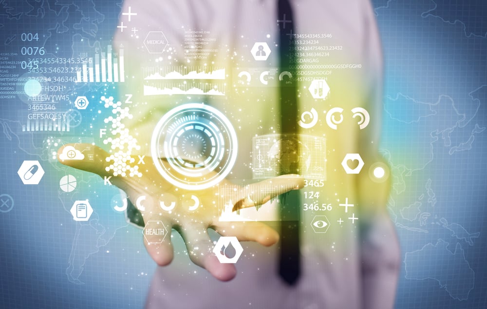 A business analytics person analyzing the health status of the world from its hands with illustrated pie charts and graphs concept