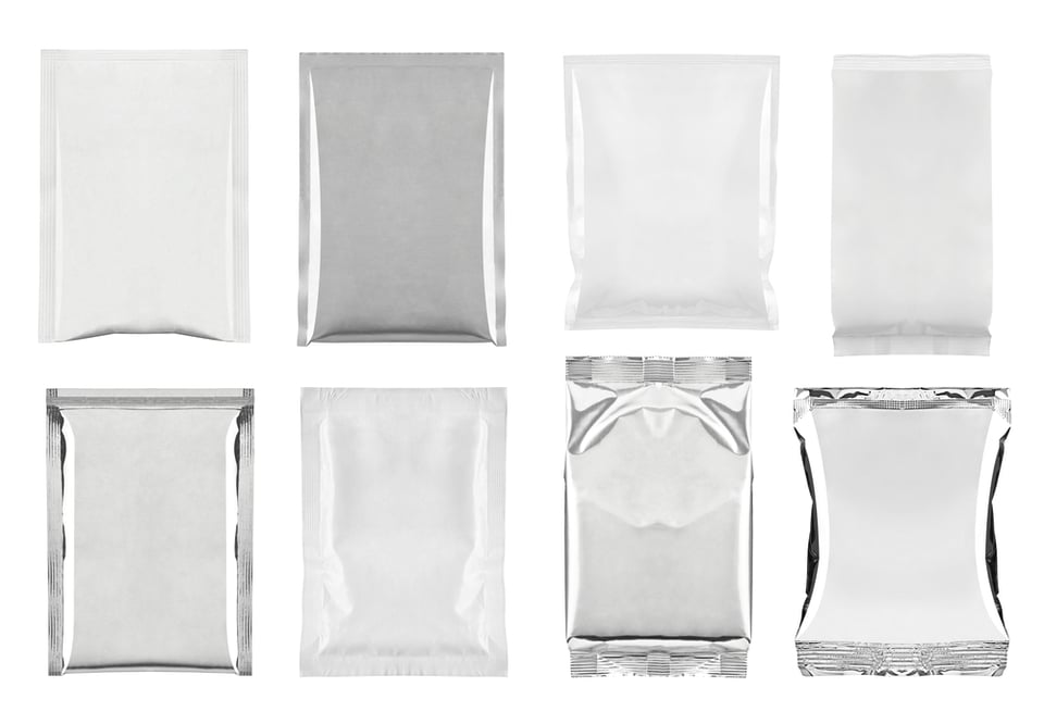 collection of  various white and aluminum bag and packages on white background. each one is shot separately